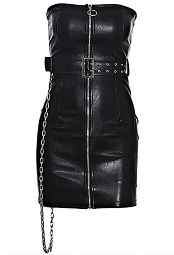 Gothic Punk Summer Party Clubwear Strapless Dress Black PU Leather Zip Wrap Chest Bodycon Dress With Belt and Chain