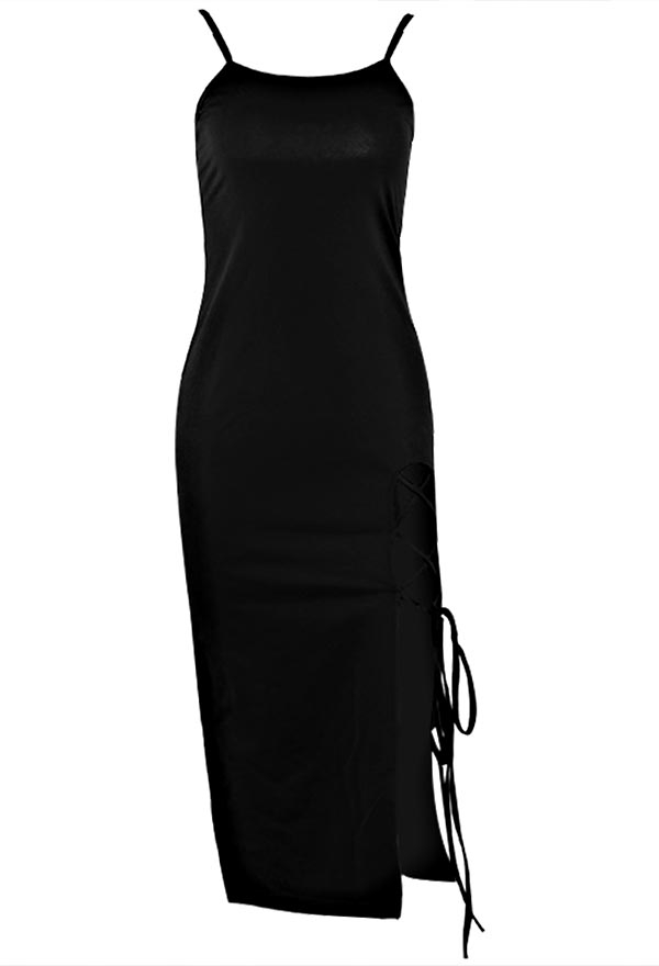 Gothic Elegant Long Prom Cami Dress Black Cotton High Split Cross Strap Slim Summer Dress