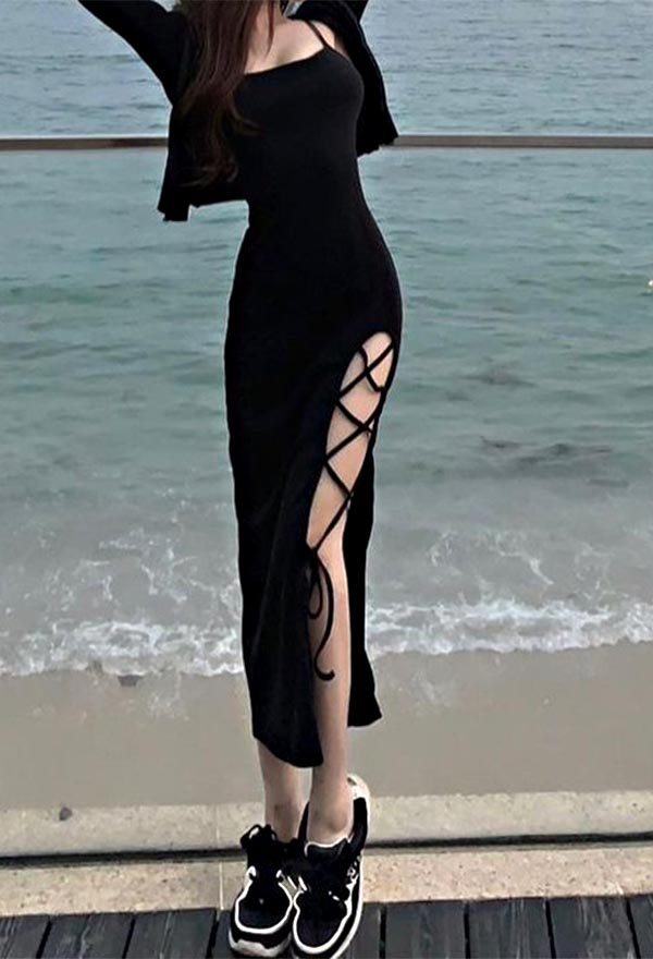 Gothic Elegant Long Prom Cami Dress Black Cotton High Split Cross Strap Slim Summer Dress