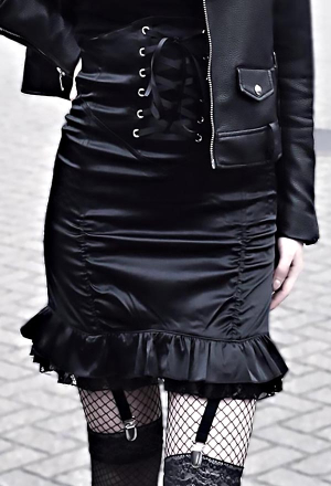 Gothic Girl Attractive Streetwear Ruched Skirt Black Lace-Up Ruffle Hem High Waist Skirt