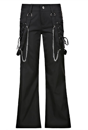 Women Grunge Punk Style Y2K Streetwear Wide Leg Trousers Black Chain Decorated Bottom Zip Up Gothic Pants