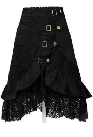 Gothic Rock Punk Lace Midi Skirt Black Buckle Decorated Irregular Ruffle Hem Skirt