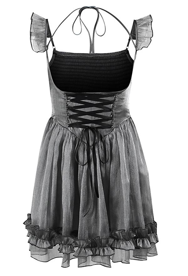 Gothic Cute Mesh Bridesmaid Puff Dress Silver Lace-up Backless Ruffle Hem Mini Dress