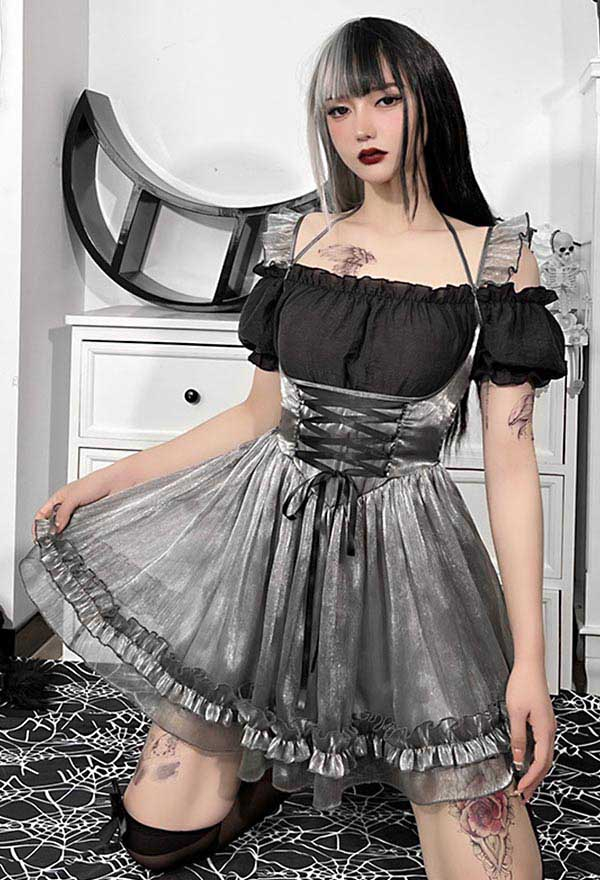 Gothic Cute Mesh Bridesmaid Puff Dress Silver Lace-up Backless Ruffle Hem Mini Dress