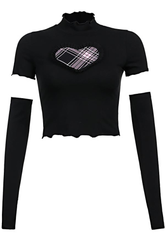 Falling Egirl Outfit Black Heart Pattern Crop Top with Sleeves