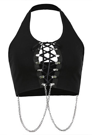 Gothic Hot Girl Clubwear Hollow Chest Tank Top Black Lace-up Halter Chain Decorated Navel Crop Top