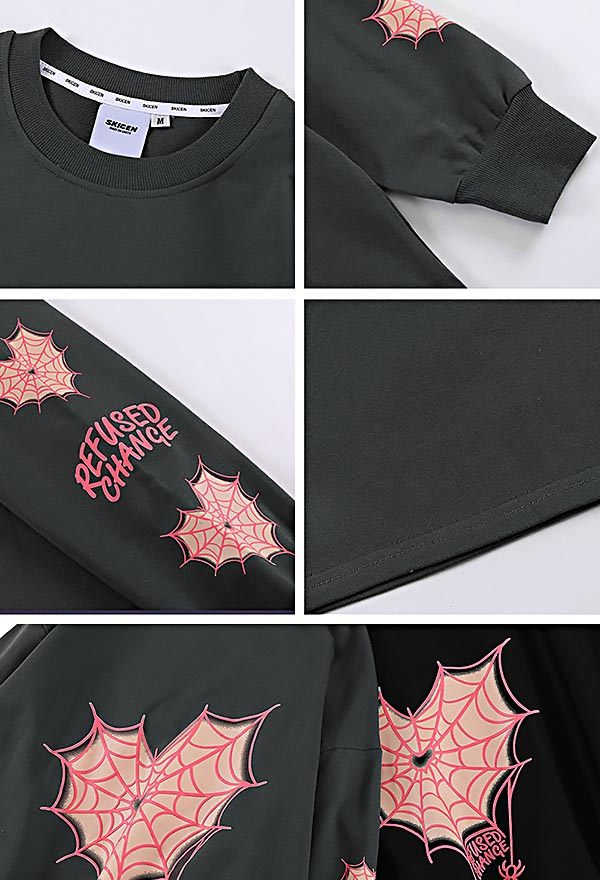 Unisex Grunge Spring Aesthetic Round Collar T-shirts Black Cotton Red Spiderweb Heart Pattern Long Sleeves Oversize Shirts