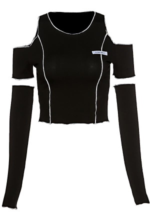 Grunge Girl Spring Cool Streetwear Crop Top Black Round Neck Cold Shoulder Navel Top with Sleeves