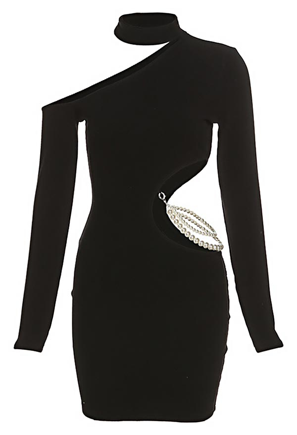 Women Gothic Grunge Nightclub Bodycon Dress Black Cutout High Waist Pearl Chain Decorated Slim Spring Dress