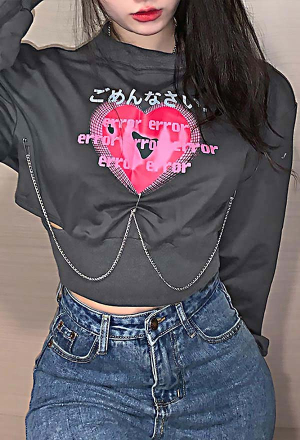 Women Spring Gothic Grunge Round Collar Cropped Top Grey Letter and Heart Pattern Long Sleeves Navel Graphic Shirts
