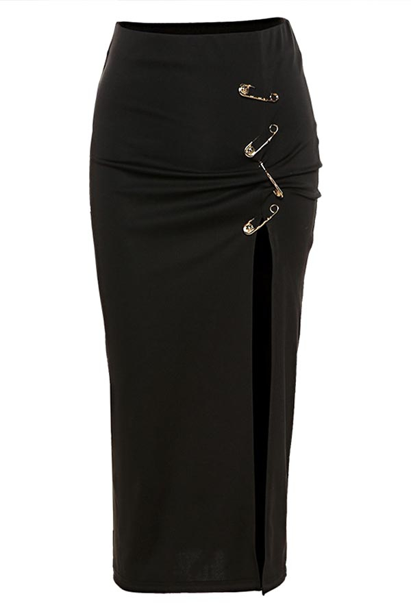 Gothic Streetwear Chic Slim Skirt Black High Waist Split Midi Skirt for Spring and Summer