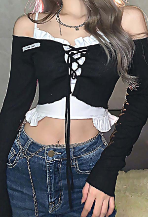Grunge Girl Spring Hot Streetwear Two-Piece Navel Top White Ruffle Decorated Camisole and Black Off-Shoulder Lace-Up Blouse
