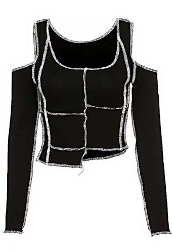 Gothic Girl Grunge Aesthetic Slim Navel Top Black Cold Shoulder Long Sleeves Irregular Hem Shirt