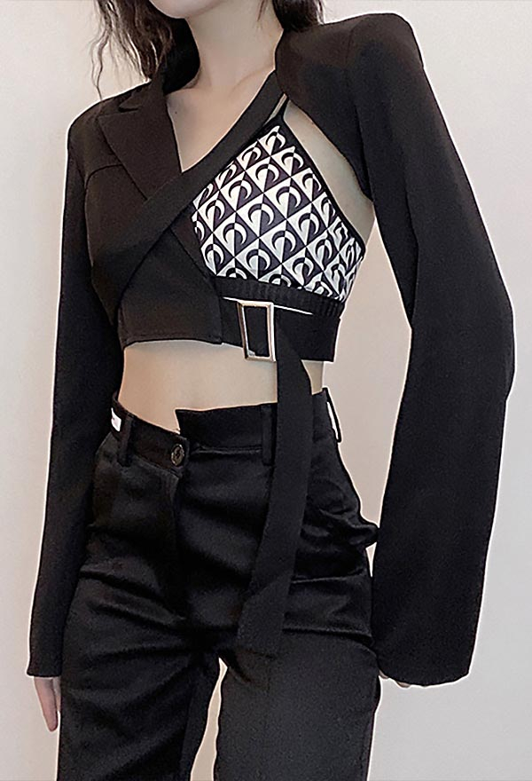 Women Fashion Gothic Spring Punk Style Navel Top Black Stylish Hollow Chest Long Sleeves Slim Blouse