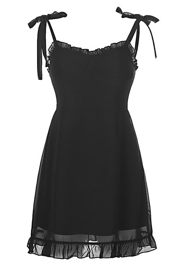Gothic Summer Adorable Cami Dress Black Show Breast Ruffle Hem Strap Mini Dress