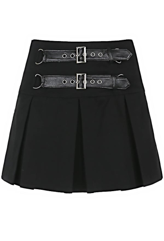 Gothic Punk Streetwear Stylish Pleated Skirt Black Buckle Eyelet Decorated Patchwork Mini Skirt
