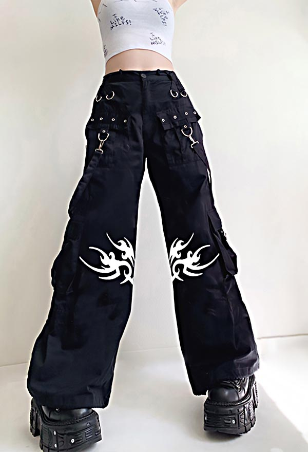 Gothic Cyberpunk Low Waist Streetwear Wide Leg Pants Black Unique Print Baggy Eyelet Strap Decorated Long Pants