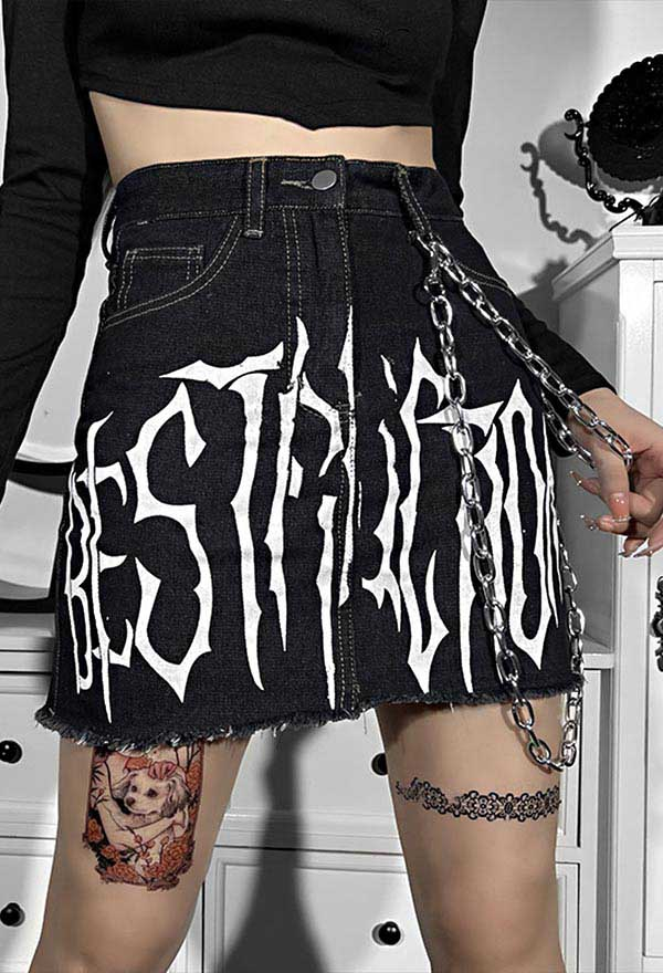 Gothic Cyberpunk Letter Print Denim Mini Skirt Black Chain Decorated Fray Hem Ripped A-Line Skirt