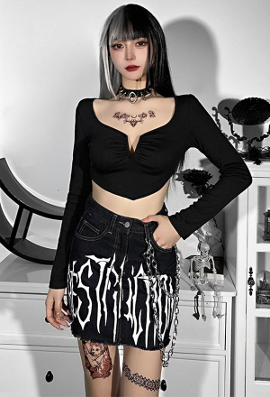 Gothic Cyberpunk Letter Print Denim Mini Skirt Black Chain Decorated Fray Hem Ripped A-Line Skirt