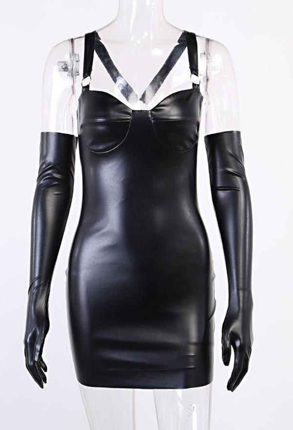 Gothic Punk Stunning Bodycon Strap Cocktail Dress Black PU Leather Low Breast Slim Mini Dress