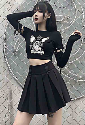 Exile Egirl Outfit Black Devil Ghost Print Long Sleeves Navel Top
