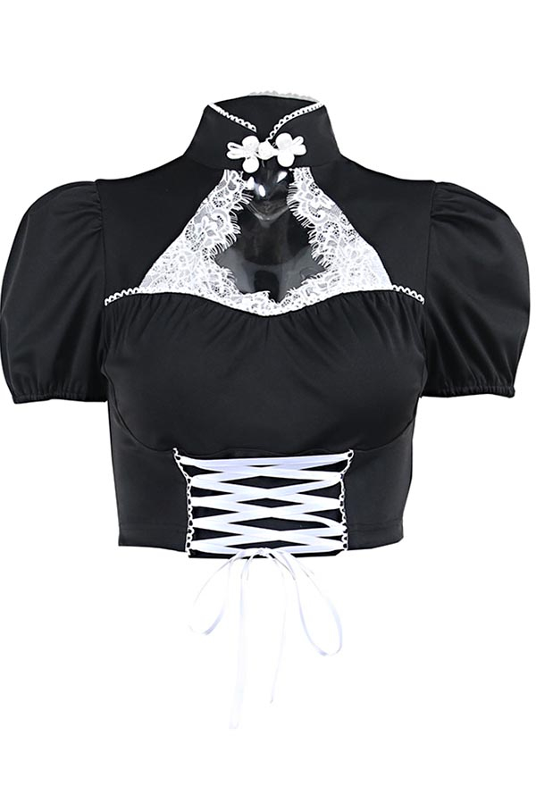 Women Gothic Cheongsam Style Cute Crop Top Black Lace Decorated Short Puff Sleeves Lace-Up Top