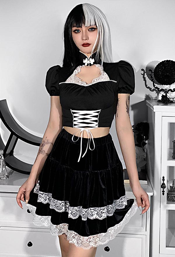 Women Gothic Cheongsam Style Cute Crop Top Black Lace Decorated Short Puff Sleeves Lace-Up Top