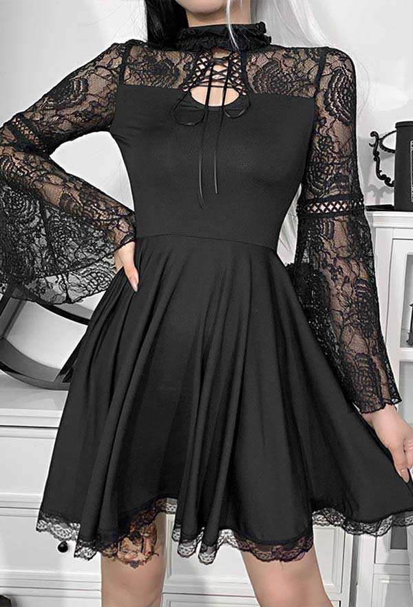 Gothic Adorable Elegant Bridesmaid Dress Black High Collar Floral Pattern Long Sleeves Lace Hem Dress for Summer