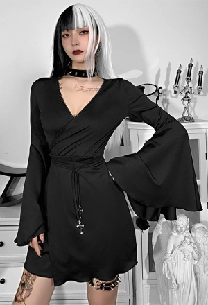 Women Spring Fashion Gothic Attractive V Neck Dress Black High Waist Trumpet Long Sleeves Waist Strap Mini Dress