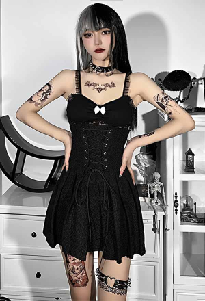 Gothic Vintage Corset Style A-Line Skirt Black Lace-Up Ruffle Hem Mini Skirt