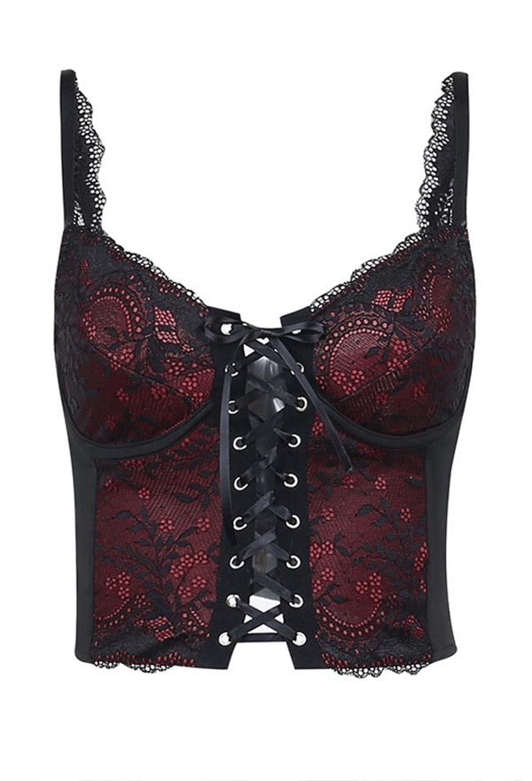 Women Gothic Vintage Vampire Lace Camisole Black Red V Neck Eyelet Lace-Up Navel Cami Top