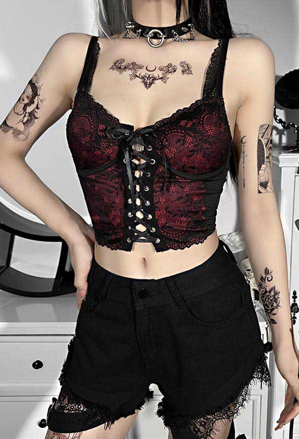 Women Gothic Vintage Vampire Lace Camisole Black Red V Neck Eyelet Lace-Up Navel Cami Top