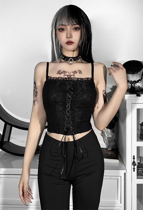 Gothic Vintage Square Collar Lace Camisole Black Lace-Up Backless Navel Cami Top for Summer