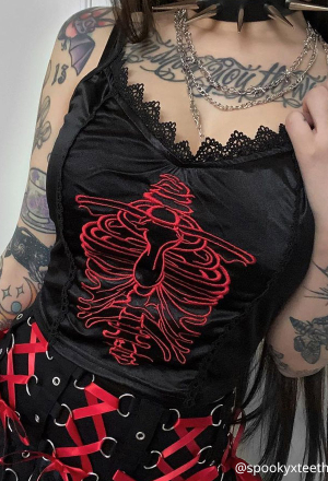 Women Summer Skeleton Embroidery Stylish Camisole Gothic Black V Neck Lace Trim Slim Cami Top