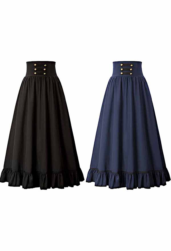 Women Fashion Gothic Victorian Retro Prom Midi Skirt Lace-Up Ruffle Hem A-Line Halloween Skirt