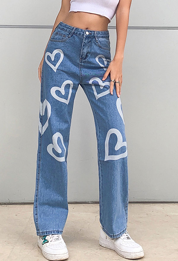 High Waist Straight Jeans - Grunge Outfit | Heart Pattern Print Baggy ...