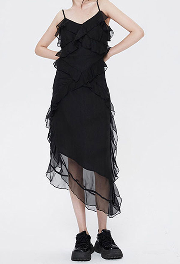 Women Grunge Style Black Flounce Layered Sling Dress