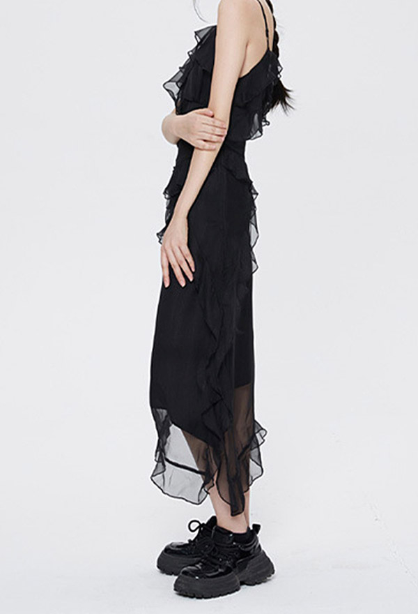 Women Grunge Style Black Flounce Layered Sling Dress