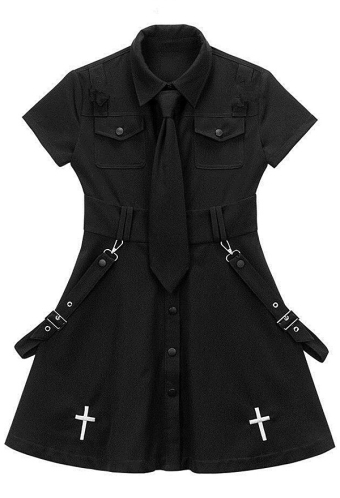 Women Gothic Punk Black JK Uniform Cross Embroidery Shirt Dress