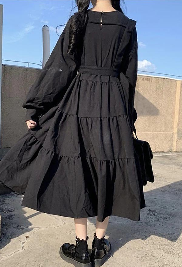 Women Gothic Black Round Collar High Waist Ruffled A-line Dress