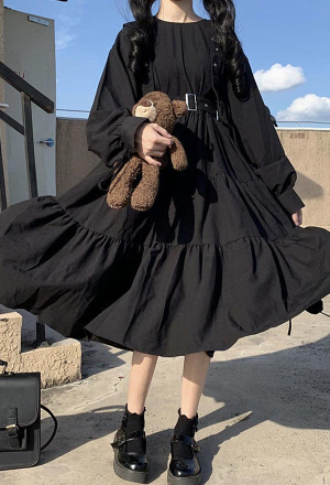 Women Gothic Black Round Collar High Waist Ruffled A-line Dress