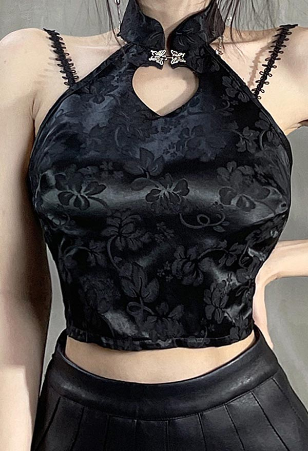 Women Gothic Black Halter Cheongsam Collar Cutout Floral Pattern Crop Top