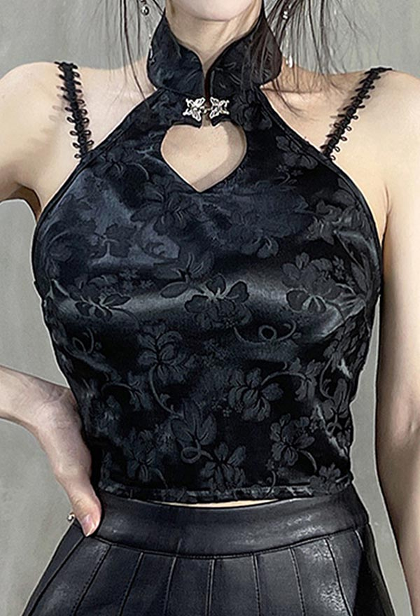 Women Gothic Black Halter Cheongsam Collar Cutout Floral Pattern Crop Top