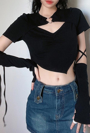 Women Y2K Style Black Cutout E-Girl Strap Sleeves Crop Top