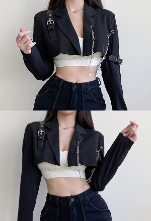 Women Gothic Black Chain And Belt Decorated Cropped Jacket