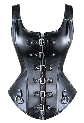 Women Gothic Punk Buckle-Up PU Leather Tie Back Overbust Corset Top