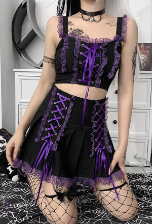 Women Gothic Purple High Waist Lace-up Ruffles Mini Skirt