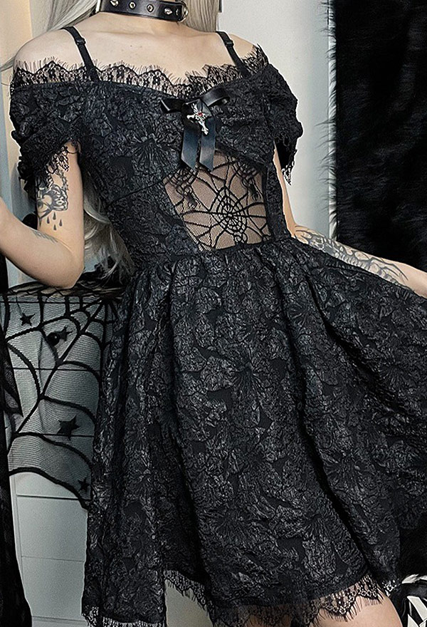 Vintage Rose Women Gothic Off-Shoulder Hollow Spiderweb Print Mini Dress