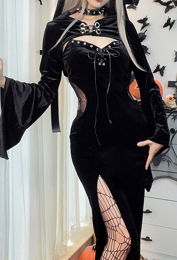 Halloween Women Gothic Black Vampire Hollow High-Slit Long Sling Dress with Cloak