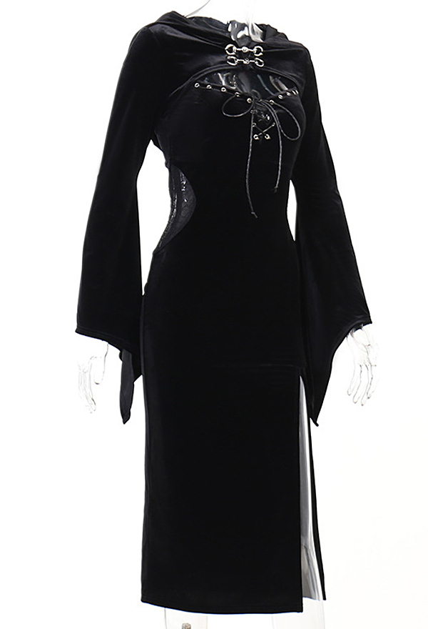 Halloween Women Gothic Black Vampire Hollow High-Slit Long Sling Dress with Cloak